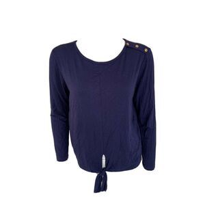 Ellen Tracy Navy Dark Blue Gold Buttons Tie Front Blouse Shirt Top Small